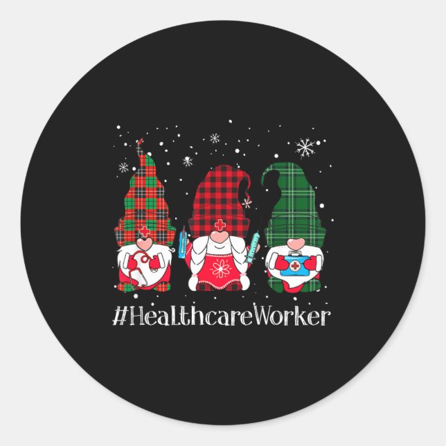 Sticker Rond Buffalo Plaid Gnome Healthcare Worker Nurse Christ (Devant)