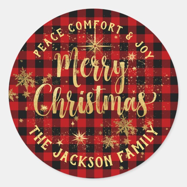 Sticker Rond Buffalo Plaid Gold Calligraphie Joyeux Noël (Devant)