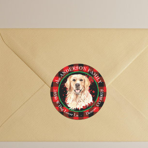 Sticker Rond Buffalo Plaid Golden Retriever Dog Adresse de reto