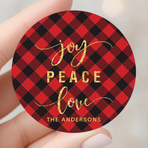 Sticker Rond Buffalo Plaid Joy Peace Love Monogramme