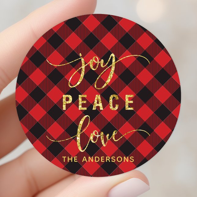 Sticker Rond Buffalo Plaid Joy Peace Love Monogramme (Créateur téléchargé)