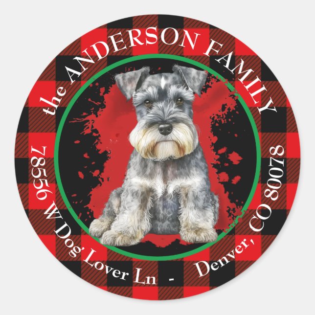 Sticker Rond Buffalo Plaid Miniature Schnauzer Adresse de retou (Devant)