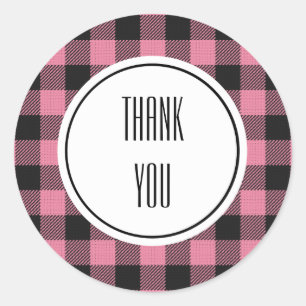 Sticker Rond Buffalo Plaid Pink Black Texte Personnalisé
