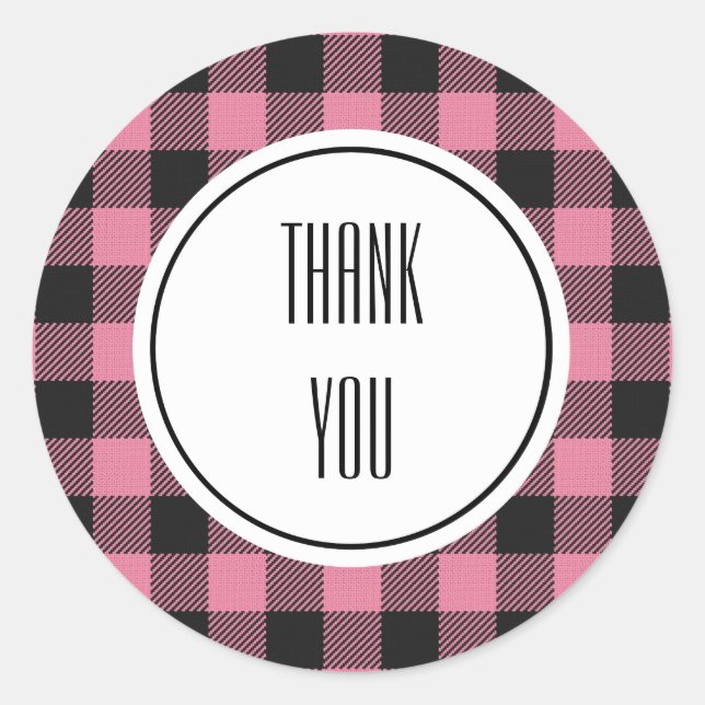 Sticker Rond Buffalo Plaid Pink Black Texte Personnalisé (Devant)