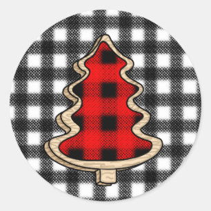 Sticker Rond Buffalo Plaid, Red En vichy sapins de Noël