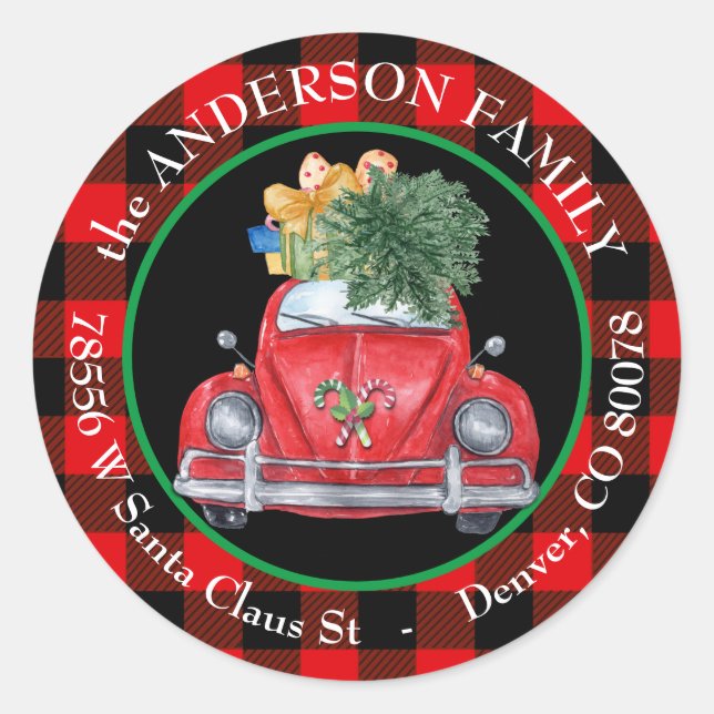 Sticker Rond Buffalo Plaid Retro Car Christmas Adresse de retou (Devant)