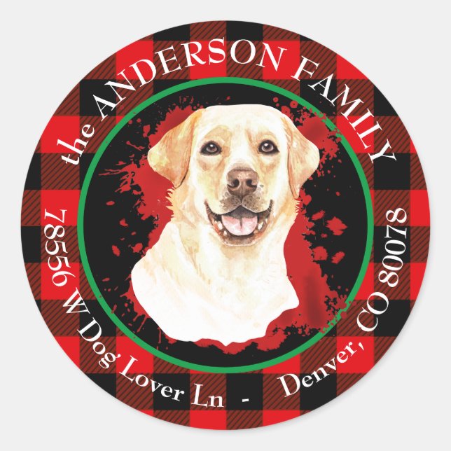 Sticker Rond Buffalo Plaid Yellow Lab Adresse de retour (Devant)