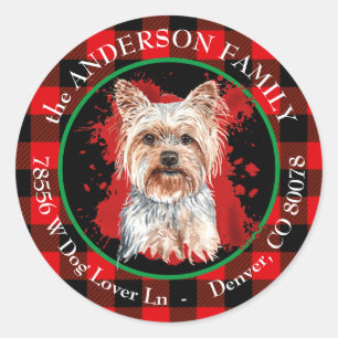 Sticker Rond Buffalo Plaid Yorkshire Terrier Adresse de retour