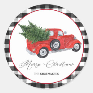 Sticker Rond Buffle vintage de camion rouge chèque Noël