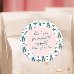 Sticker Rond Bugs Pastel Fleur rose Fille Merci d'anniversaire