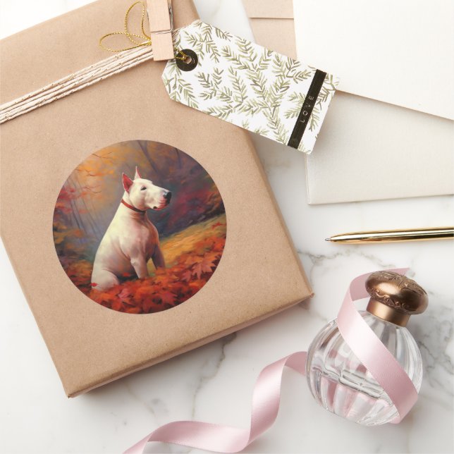 Sticker Rond Bull Terrier à l'automne Leaves automne Inspire (Cadeaux)