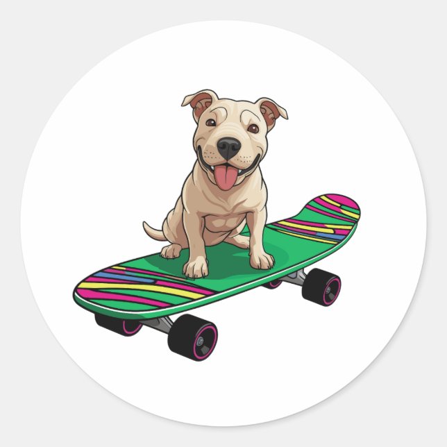Sticker Rond Bull Terrier anglais sur skateboard (Devant)