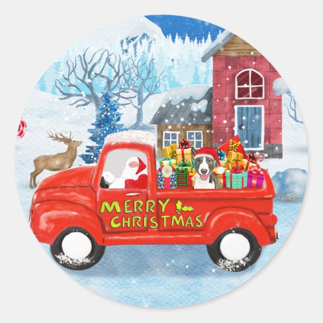 Sticker Rond Bull Terrier Chien à Noël Livraison Camion neige (Devant)