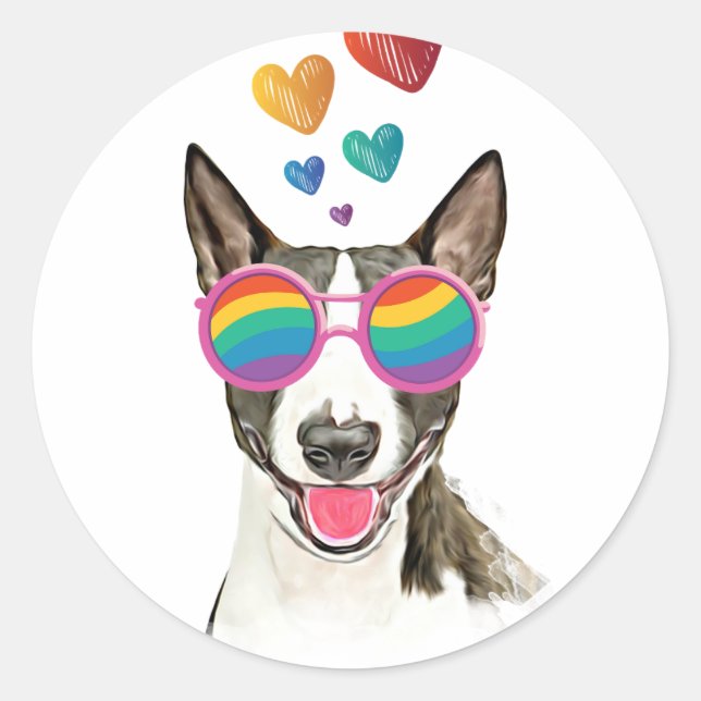 Sticker Rond Bull Terrier Chien avec Coeurs Saint-Valentin (Devant)