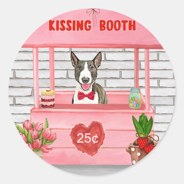 Sticker Rond Bull Terrier Chien Valentine's Day Kissing Booth (Devant)