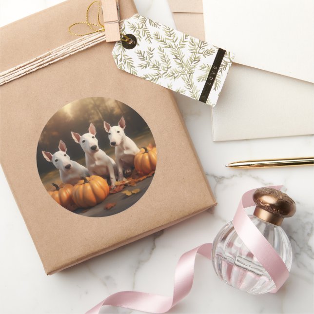 Sticker Rond Bull Terrier Chiot Automne Citrouille de plaisir (Cadeaux)