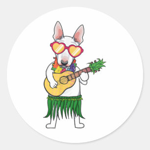 Sticker Rond Bull Terrier Costume hawaïen Jouer Ukulele Summ