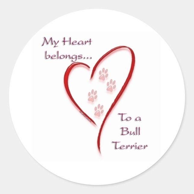 Sticker Rond Bull Terrier Heart Belongs (Devant)