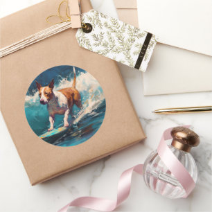 Sticker Rond Bull Terrier Plage Surf Peinture