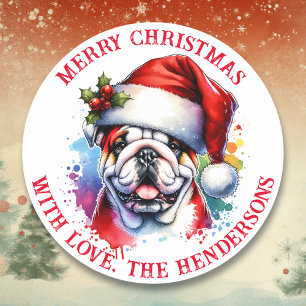 Sticker Rond Bulldog anglais en Santa Hat Personnalisé