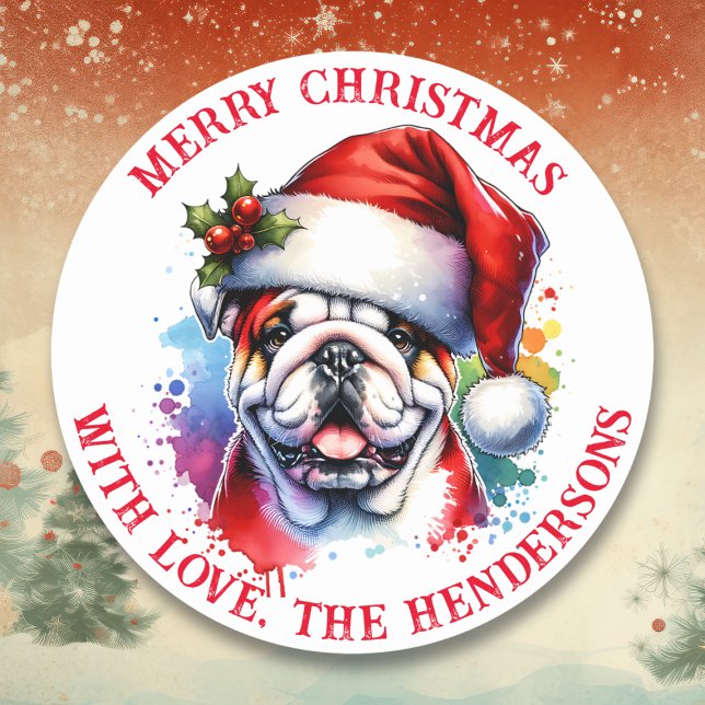 Sticker Rond Bulldog anglais en Santa Hat Personnalisé (Créateur téléchargé)