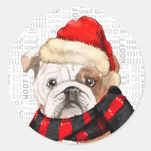 Sticker Rond Bulldog anglais et Woof Word Art Noël