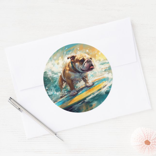 Sticker Rond Bulldog Beach Surf Peinture (Enveloppe)