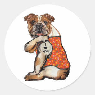 Sticker Rond Bulldog Chien Tattoo I Love Maman Flower Mothers D