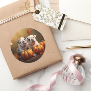 Sticker Rond Bulldog Chiot Automne Citrouille de plaisir