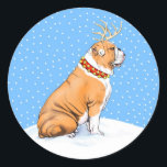 Sticker Rond Bulldog Christmas Reindeer Rouge et blanc<br><div class="desc">Ce Bulldog rouge et blanc est habillé d'un jeu de bois et d'un collier rouge avec des cloches de jingle pendant qu'il s'assoit dans la neige - il sera certainement un favori des vacances cette saison de Noël.</div>