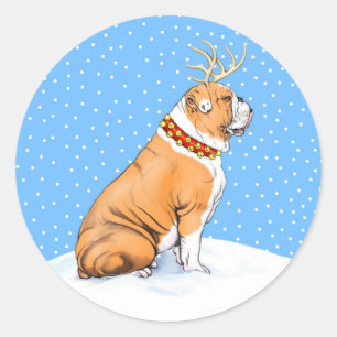 Sticker Rond Bulldog Christmas Reindeer Rouge et blanc