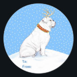 Sticker Rond Bulldog Christmas Reindeer White<br><div class="desc">Ce Chien-taureau blanc est habillé d'un jeu de bois et d'un collier rouge avec des cloches à mâcher,  assis dans la neige - il sera certainement un favori de Noël cette saison.</div>