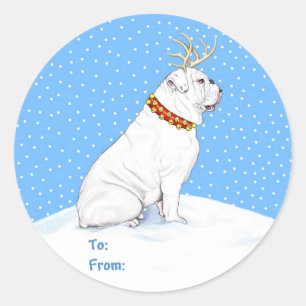 Sticker Rond Bulldog Christmas Reindeer White