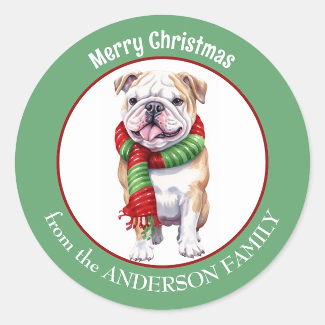 Sticker Rond Bulldog en rouge et vert Écharpe de Noël (Devant)