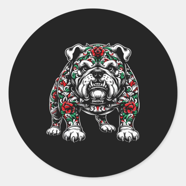 Sticker Rond Bulldog Floral Red Rose Mens Womens  (Devant)