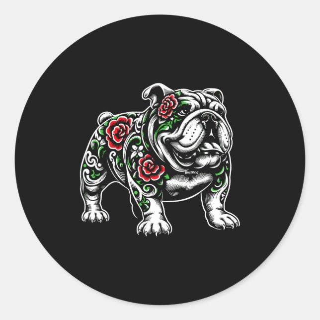 Sticker Rond Bulldog Floral Red Rose Mens Womens  (Devant)