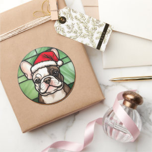 Sticker Rond Bulldog français vitrail de Noël