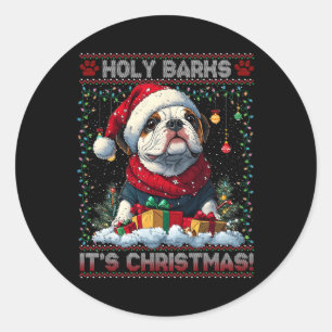 Sticker Rond Bulldog Noël Arbre Lumières Décorations Chien Aime