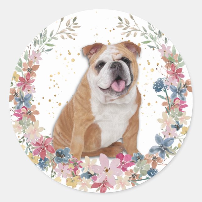 Sticker Rond Bulldog Spring Flowers Wreath (Devant)