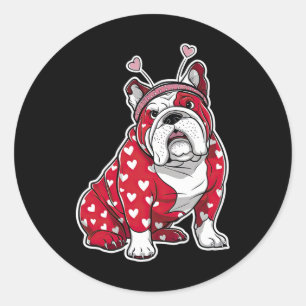 Sticker Rond Bulldog Valentine Day Plaid Heart Motif Chien Tête