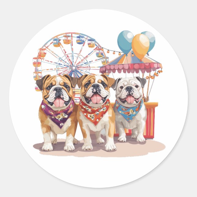 Sticker Rond Bulldogs Anglais À Un Carnaval (Devant)