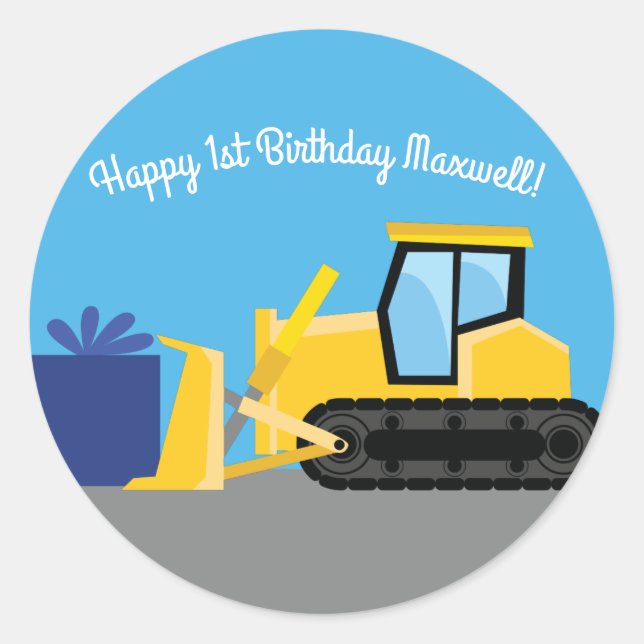 Sticker Rond Bulldozer Cute 1er Anniversaire Fête Construction (Devant)