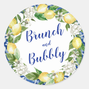 Sticker Rond Bulles de Brunch de Mariage Citron Carreau Bleu