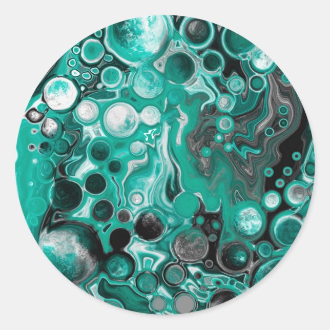 Sticker Rond Bulles turquoises et noires Cellules d'art fluides (Devant)