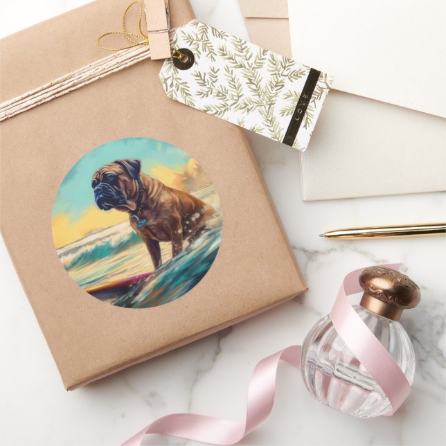 Sticker Rond Bullmastiff Beach Surfing Peinture (Cadeaux)