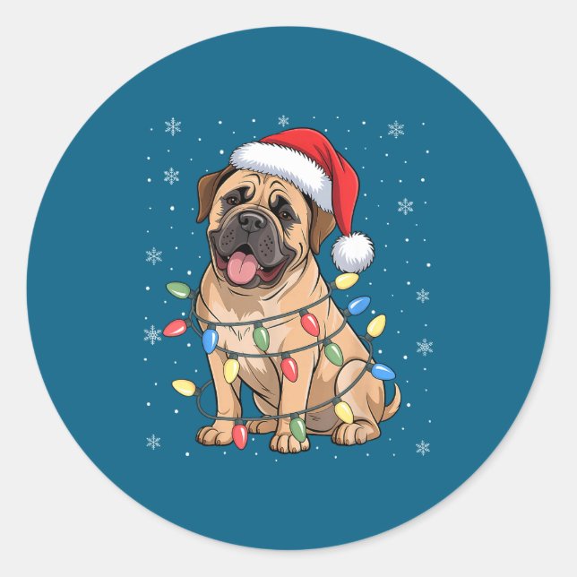 Sticker Rond Bullmastiff Dog Christmas Tree Lights Dogs Xmas Pa (Devant)
