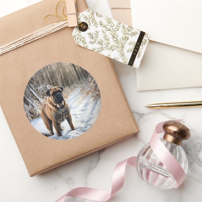Sticker Rond Bullmastiff Qu'il neige Noël (Cadeaux)