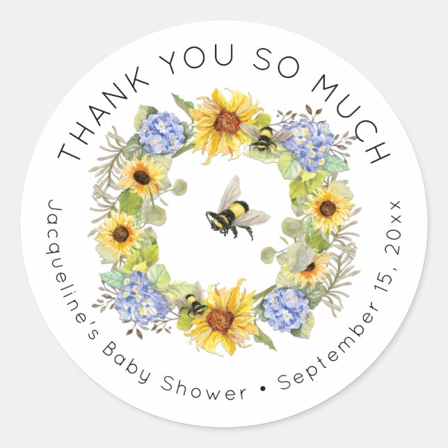 Sticker Rond Bumble Bee Sunflower Blue Hydrangea Baby shower (Devant)