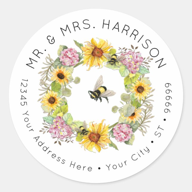 Sticker Rond Bumble Bee Sunflower Hydrangea Floral Adresse (Devant)