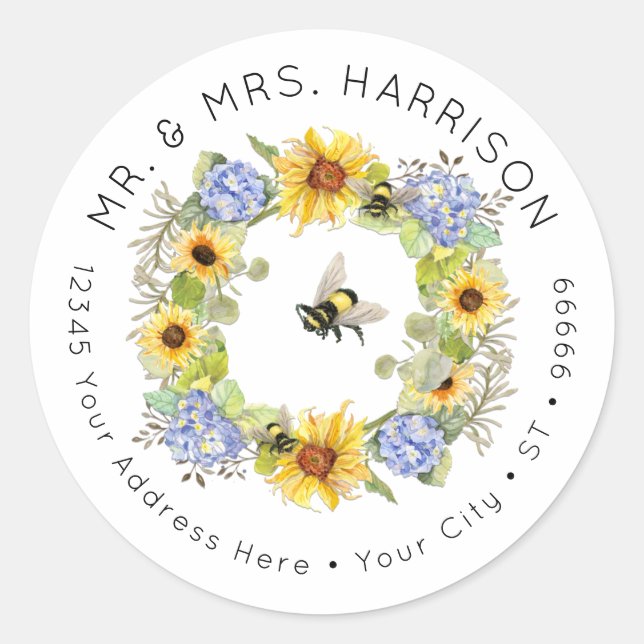 Sticker Rond Bumble Bee Sunflower Hydrangea Floral Adresse Clas (Devant)